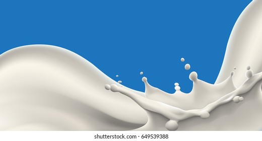 Pouring natural milk and big splash vector realistic illustration for product design or advertising needs