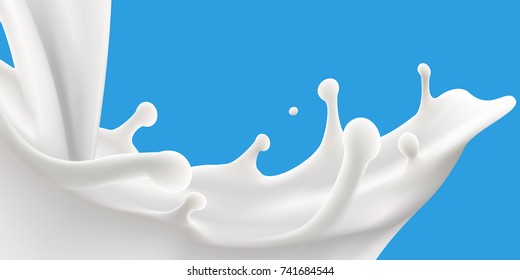 Pouring natural milk and big splash realistic 3d vector background illustration