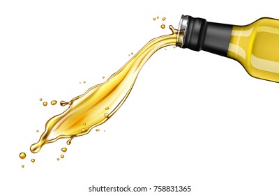 pouring oil from glass bottle against white background