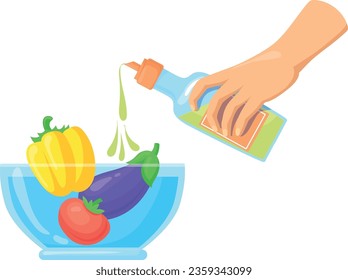 Pouring oil on salad vegetables in glass bowl color icon isolated on white background