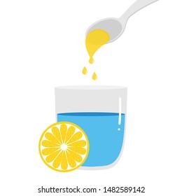 Pouring One Spoon Of Lemon Juice In A Glass Of Fresh Water. Vector Illustration, Concept Of Lemon Water.