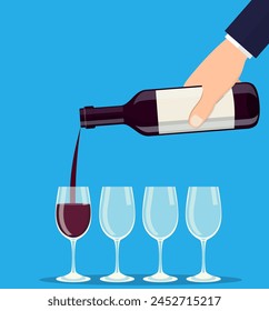 Pouring out red wine from a bottle in wineglasses. Vector illustration in flat style