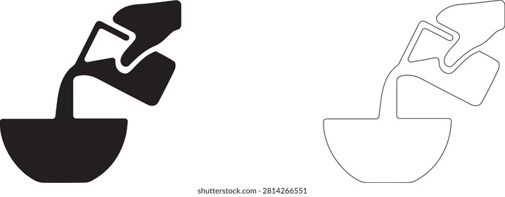 Pouring powder from sachet vector icon filled and outline, adding dry yeast or spices into bowl symbol.