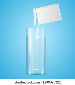 Pouring Powdered in Transparent Glass with Water on a Blue Background Medicine Drug Therapy Concept. Vector illustration