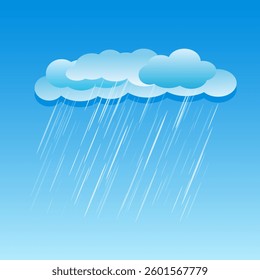 Pouring rain from clouds on blue background. Falling drops. Weather forecast. Vector illustration