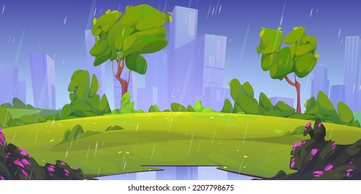 Pouring rain in green urban park. Cartoon vector illustration of empty city garden glade with trees, bushes, flowers, water puddle and silhouettes of skyscrapers on background. Rainfall in megalopolis