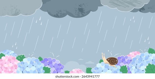 It's pouring rain in the hydrangea field. A snail is watching the rain.