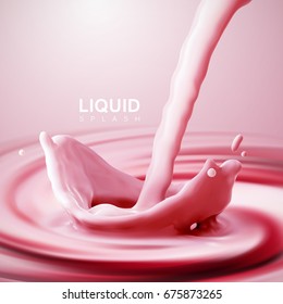 Pouring red berries milk crown splash on swirling whirlpool creamy pink background. Vector 3d illustration for food dairy product ad poster