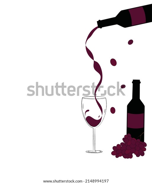 Pouring Red\
Wine into a glass illustration vector. Bottles of Red Wines\
Illustration. Red Grapes illustration\
vector.