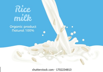 Pouring rice milk isolated on blue background. Vector illustration of  milk flow and seed in cartoon flat style. Splash and drops of milk. Plant-based drink and grain.  Organic Dairy Free Vegan milk.