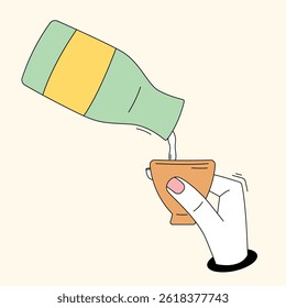 Pouring Sake into Cup Vector in Hand-Drawn Style, Traditional Japanese Drink Illustration with Soft Colors, Perfect for Cultural, Culinary, and Beverage-Themed Designs.