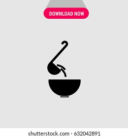 Pouring Soup with Ladle Vector Icon, The bowl with kitchen spoon symbol. Simple, modern flat vector illustration for mobile app, website or desktop app 