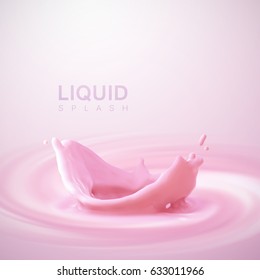 Pouring strawberry milk crown splash on swirling whirlpool creamy pink background. Vector 3d illustration for food dairy product ad poster