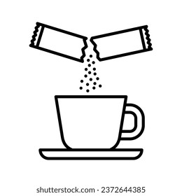 Pouring sugar in the cup, coffee or tea. Sachet packet soluble powder. Open paper pack stick with medication or food sugar. Vector illustration.