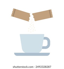 Pouring sugar in the cup, coffee or tea. Sachet packet soluble powder. Open paper pack stick with medication or food sugar. Vector illustration.