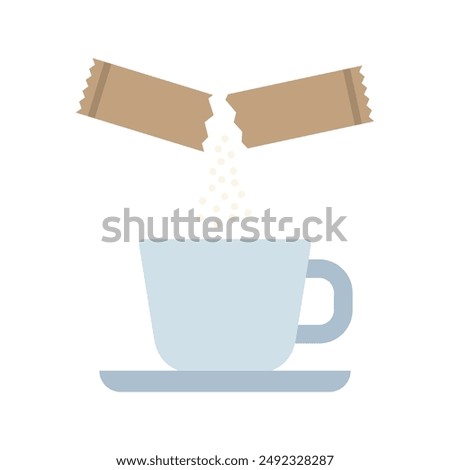 Pouring sugar in the cup, coffee or tea. Sachet packet soluble powder. Open paper pack stick with medication or food sugar. Vector illustration.