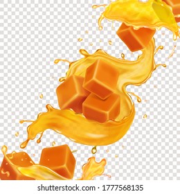 Pouring sweet caramel splash. Caramel candies, pieces Melted honey cream.