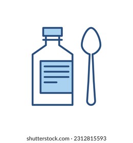 Pouring Syrup related vector line icon. Bottle, spoon. Isolated on white background. Vector illustration. Editable stroke