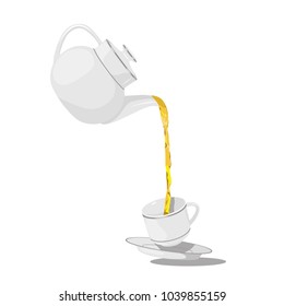 Pouring tea cup with tea or coffee. Teapot and cup isolated on white background. Flat vector illustration