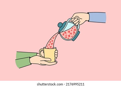 Pouring tea with hearts from teapot to cup. Concept of valentine day celebration and greeting. Love and relationships. Vector illustration. 