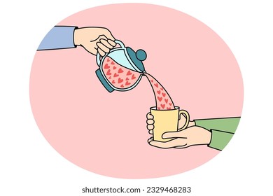 Pouring tea with hearts from teapot to cup. Concept of valentine day celebration and greeting. Love and relationships. Vector illustration.