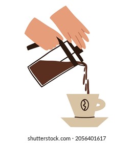 pouring tea into a cup. hand holds Frenchpress. preparing a hot drink. vector flat illustration isolated on white background.