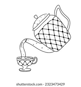 Pouring tea into a cup from teapot. Hand drawn doodle style. Vector illustration isolated on white. Coloring page.