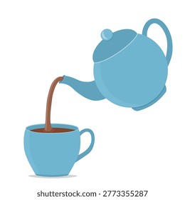 Pouring tea in mug. Hot steaming water cup