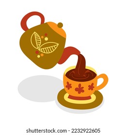 Pouring tea from a teapot into a cup. Drops of liquid scatter from splashes. The object is isolated. vector image. Cute cartoon illustration