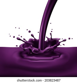 Pouring of violet paint with splashes. Bright illustration on white background 