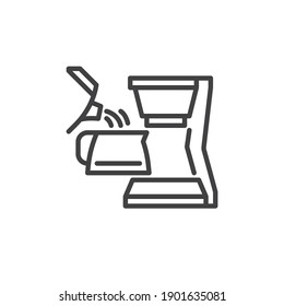 Pouring water in coffee maker machine line icon. linear style sign for mobile concept and web design. Coffee brewing instruction outline vector icon. Symbol, logo illustration. Vector graphics