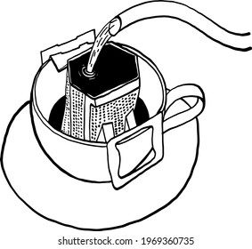 Pouring water in Drip coffee bag Hand drawn style illustration