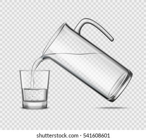 Pouring water in glass from jug design concept on transparent background grey realistic vector illustration