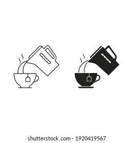 Pouring water into a cup from a kettle, vector icon set. Simple illustration. Kettle cup boiling water.