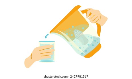Pouring water into glass from a household filter jug through a carbon cartridge, composition of the cleaning process, hand-drawn vector illustration. 