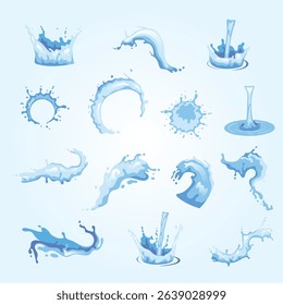 Pouring water splashes and drops flat icons set isolated vector illustration burst ring realistic droplets dynamics graphics moisture whirlpool shower texture animation