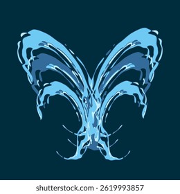 Verter salpicaduras de agua y gotas en forma de mariposa, diseño plano conjunto aislado Ilustración vectorial