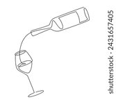 Pouring wine bottle glass one line continuous drawing. Hand drawn vector illustration. Linear silhouette icon. Minimal design, print, banner, card, bar wall art poster, brochure, menu, logo, sketch.