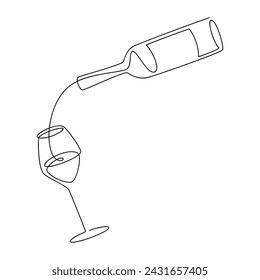 Vidrio de botella de vino de vertido de una línea de dibujo continuo. Dibujado a mano ilustración vectorial. Icono de silueta lineal Diseño minimalista, impresión, banner, tarjeta, cartel de arte de la pared de la barra, folleto, menú, logotipo, boceto.