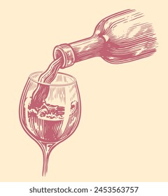 Verter la bebida de vino de la botella en el vaso. Boceto de concepto de bodega. Ilustración vectorial de Antiguas