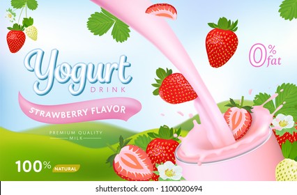 Pouring yogurt milk and strawberries into glass with a splash on natural background template. Vector set of fruit element for advertising, packaging design of strawberry products.