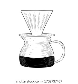 Pour-over for brewing coffee. V60. Filter coffee. Barista tools. Hand drawing sketch engraving illustration.