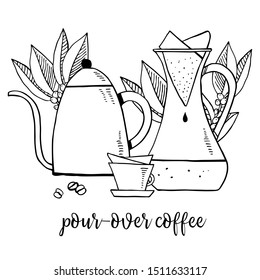 Pour-over coffee. Composition with gooseneck kettle, carafe, filters and cup. Hand drawn outline sketch illustration. Black on white background
