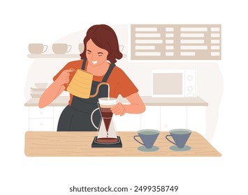 Ilustraciones vectoriales de dibujos animados aislados de café. Barkeeper haciendo café caliente en la barra, especialidad de la tercera ola, trabajo del barista, método del vertido, proceso de elaboración alternativo de la historieta del Vector.