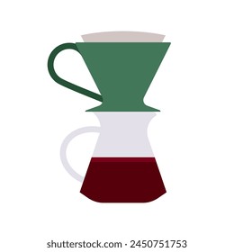 Pour-over coffee maker. Glass server, ceramic dripper, paper cone filter. Icon minimalist style. Brewing concept, specialty, coffee house. Stylized flat vector. Isolated