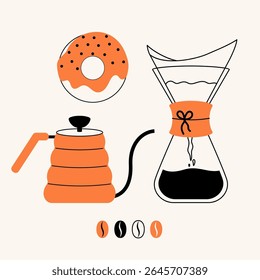 Pour-over coffee set with gooseneck kettle, dripper, donut. Minimalist vector illustration.
