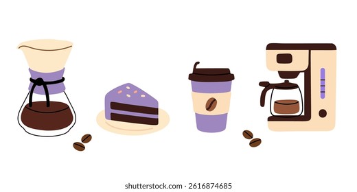 Pour-over coffee tool with cake slice, coffee cup and roasted beans