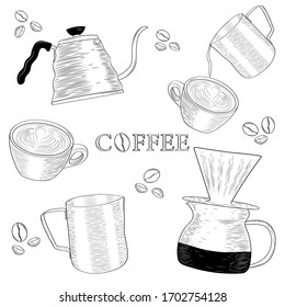 Pour-over, cup, milk jug, filter coffee, latte art on white background with coffee beans. Barista tools for making coffee. Set of hand drawing sketch engraving illustration.