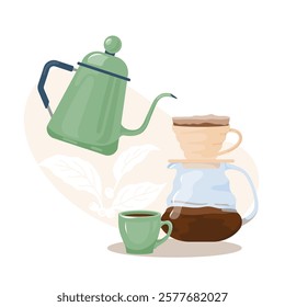 Pour-over and drip kettle with long narrow spout for rich aromatic espresso Drip coffee brewing with vacuum coffee maker and teapot Flat vector illustration of pour over for website, banner, cafe menu