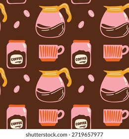 Pour-over drip-style coffee vector seamless pattern for menu design with cute cartoon retro colorful illustration of coffee brewing method, coffee beans, cups, mugs